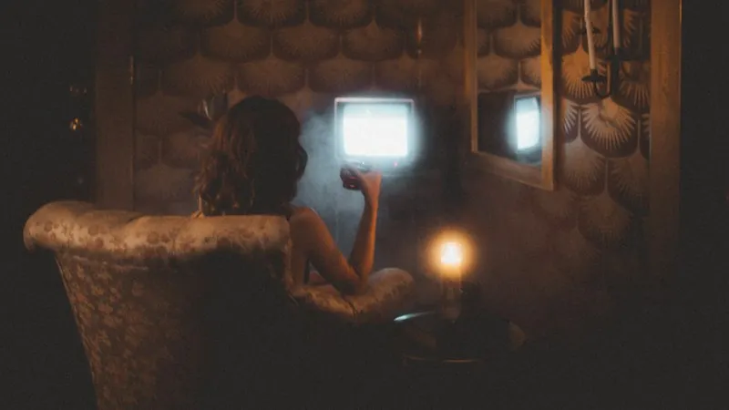 Home cinema sofa with a remote and a modern television in a dim room