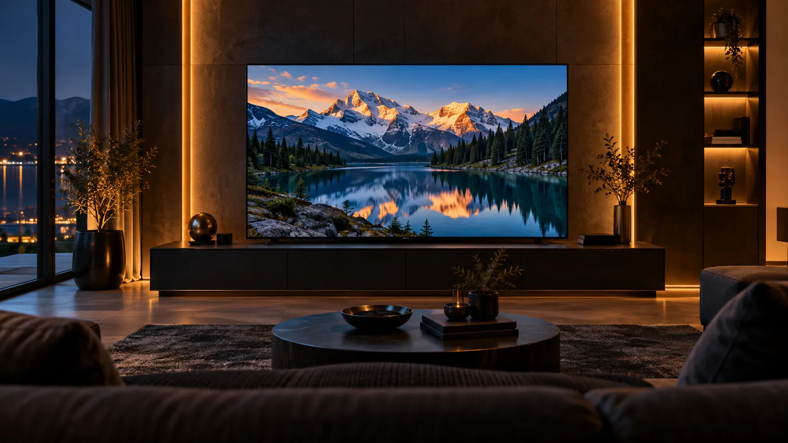 Modern home cinema with warm gold lighting and a mountain landscape on screen