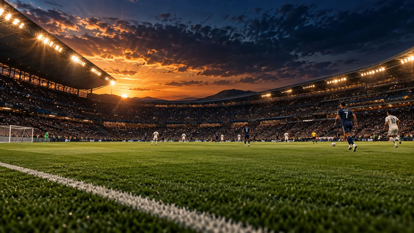 Floodlit sports stadium viewed from a home entertainment setup