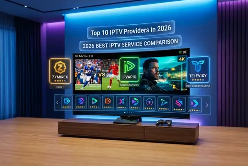 Marinios IPTV installation guide on Android TV in 2026 with a modern IPTV interface on a smart TV.