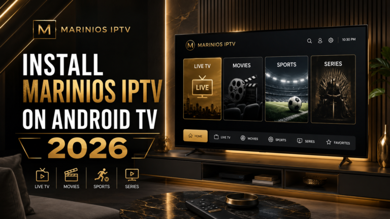 Marinios IPTV installation guide on Android TV in 2026 with a modern IPTV interface on a smart TV.